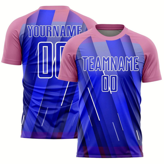 Goofygearprints Royal Medium Pink White Lines Sublimation Soccer Uniform Jersey, Custom Team Soccer Jersey Shirt