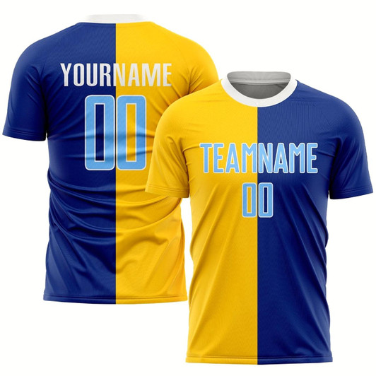 Goofygearprints Royal Light Blue Gold Sublimation Split Fashion Soccer Uniform Jersey, Custom Team Soccer Jersey Shirt