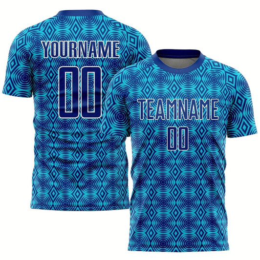 Goofygearprints Royal Lakes Blue White Geometric Shapes Sublimation Soccer Uniform Jersey, Custom Team Soccer Jersey Shirt