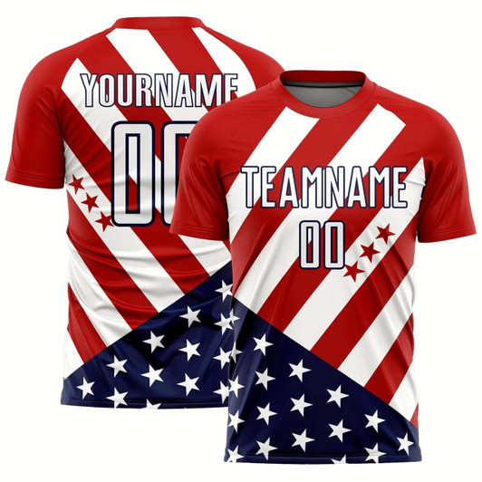 Goofygearprints Red White Navy Vintage American Flag Sublimation Soccer Uniform Jersey, Custom Team Soccer Jersey Shirt
