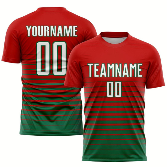 Goofygearprints Red White Kelly Green Pinstripe Fade Fashion Sublimation Soccer Uniform Jersey, Custom Team Soccer Jersey Shirt