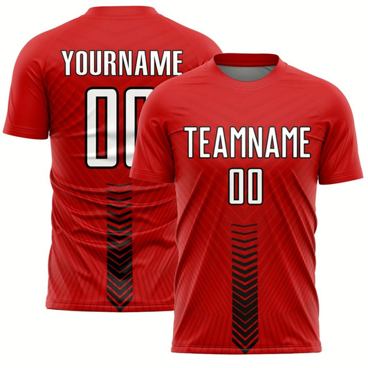 Goofygearprints Red White Black Arrow Shapes Sublimation Soccer Uniform Jersey, Custom Team Soccer Jersey Shirt