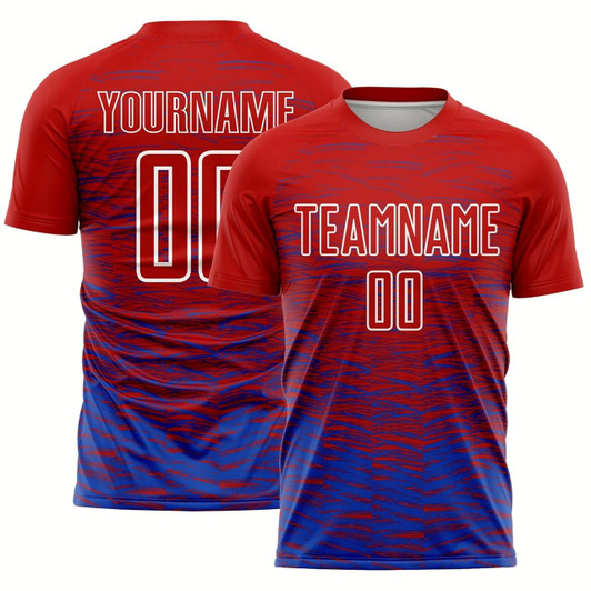 Goofygearprints Red Thunder Blue White Line Sublimation Soccer Uniform Jersey, Custom Team Soccer Jersey Shirt