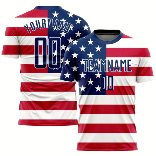 Goofygearprints Red Royal White Sublimation American Flag Soccer Uniform Jersey, Custom Team Soccer Jersey Shirt