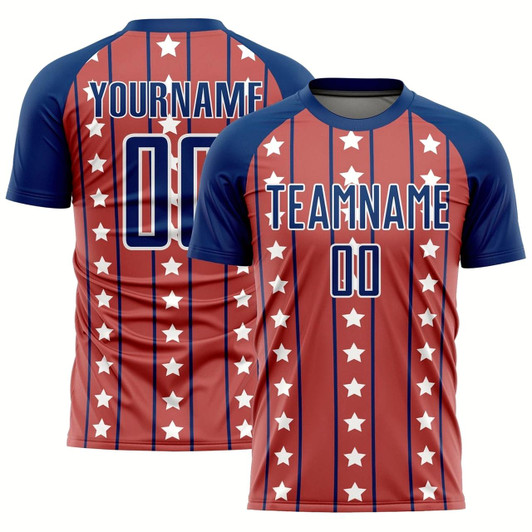 Goofygearprints Red Royal White Stars And Stripes Sublimation Soccer Uniform Jersey, Custom Team Soccer Jersey Shirt