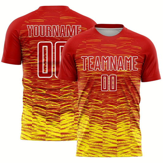Goofygearprints Red Light Yellow White Line Sublimation Soccer Uniform Jersey, Custom Team Soccer Jersey Shirt