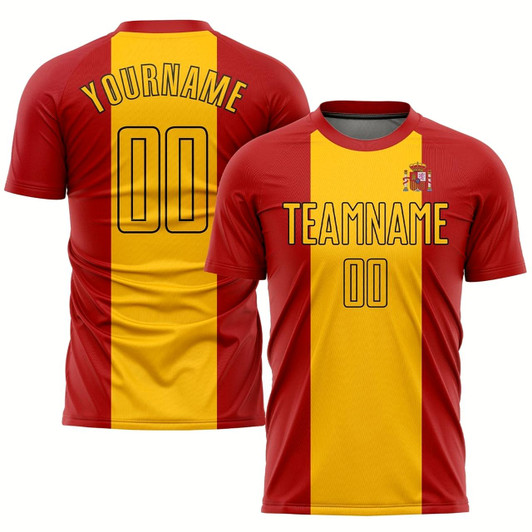 Goofygearprints Red Gold Black Sublimation Spanish Flag Soccer Uniform Jersey, Custom Team Soccer Jersey Shirt