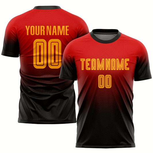 Goofygearprints Red Gold Black Sublimation Fade Fashion Soccer Uniform Jersey, Custom Team Soccer Jersey Shirt