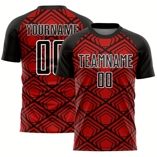 Goofygearprints Red Black White Geometric Pattern Sublimation Soccer Uniform Jersey, Custom Team Soccer Jersey Shirt