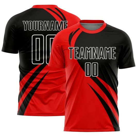 Goofygearprints Red Black White Curve Lines Sublimation Soccer Uniform Jersey, Custom Team Soccer Jersey Shirt