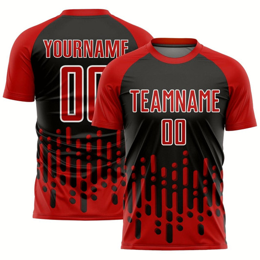 Goofygearprints Red Black White Abstract Fluid Wave Sublimation Soccer Uniform Jersey, Custom Team Soccer Jersey Shirt