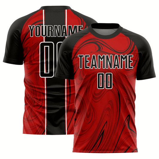 Goofygearprints Red Black White Abstract Fluid Sublimation Soccer Uniform Jersey, Custom Team Soccer Jersey Shirt