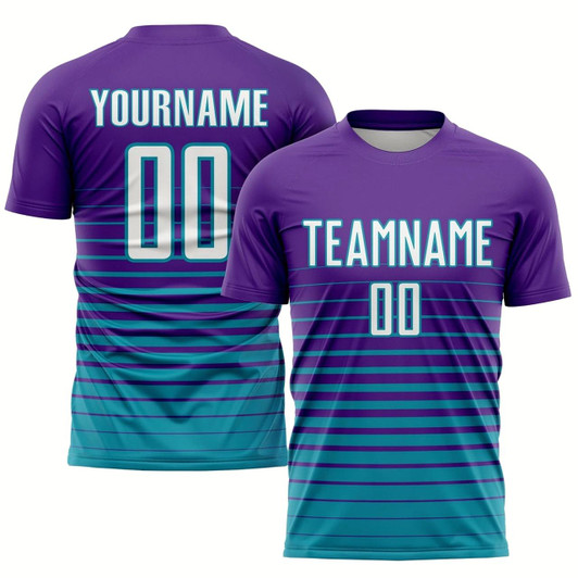 Goofygearprints Purple White Teal Pinstripe Fade Fashion Sublimation Soccer Uniform Jersey, Custom Team Soccer Jersey Shirt