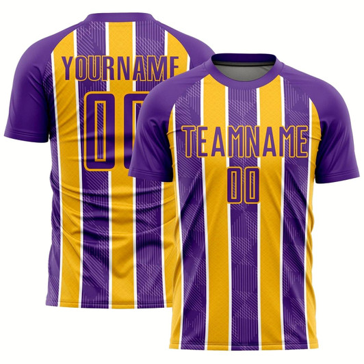 Goofygearprints Purple Gold White Stripes Sublimation Soccer Uniform Jersey, Custom Team Soccer Jersey Shirt