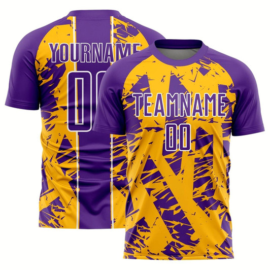 Goofygearprints Purple Gold White Irregular Shapes Sublimation Soccer Uniform Jersey, Custom Team Soccer Jersey Shirt