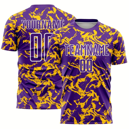 Goofygearprints Purple Gold White Abstract Fluid Sublimation Soccer Uniform Jersey, Custom Team Soccer Jersey Shirt