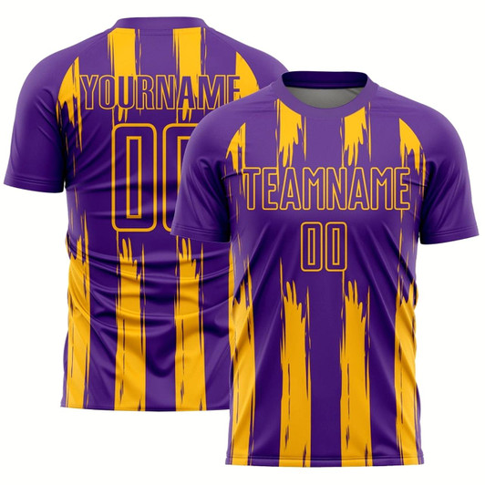 Goofygearprints Purple Gold Abstract Stripes Sublimation Soccer Uniform Jersey, Custom Team Soccer Jersey Shirt