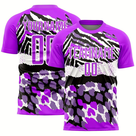 Goofygearprints Purple Black White Animal Print Sublimation Soccer Uniform Jersey, Custom Team Soccer Jersey Shirt