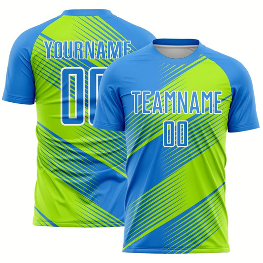 Goofygearprints Powder Blue Neon Green White Line Sublimation Soccer Uniform Jersey, Custom Team Soccer Jersey Shirt