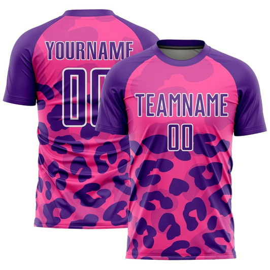 Goofygearprints Pink Purple White Animal Print Sublimation Soccer Uniform Jersey, Custom Team Soccer Jersey Shirt