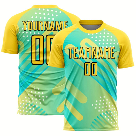 Goofygearprints Pea Green Yellow Black Abstract Shapes Sublimation Soccer Uniform Jersey, Custom Team Soccer Jersey Shirt