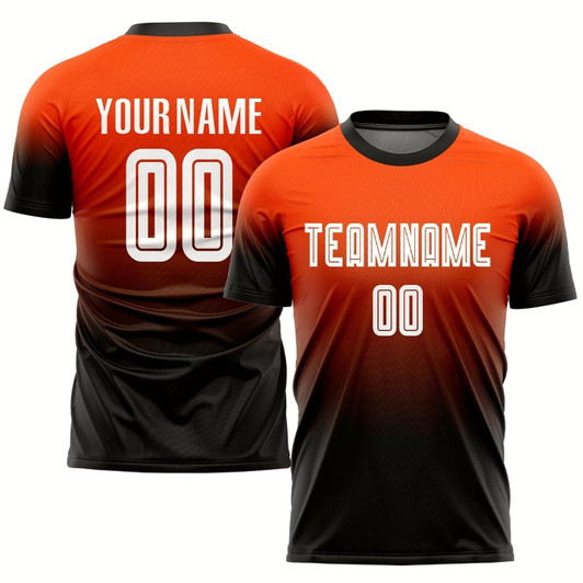 Goofygearprints Orange White Black Sublimation Fade Fashion Soccer Uniform Jersey, Custom Team Soccer Jersey Shirt