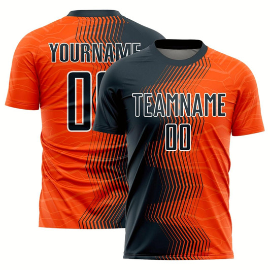 Goofygearprints Orange Navy White Gradient Arrow Sublimation Soccer Uniform Jersey, Custom Team Soccer Jersey Shirt