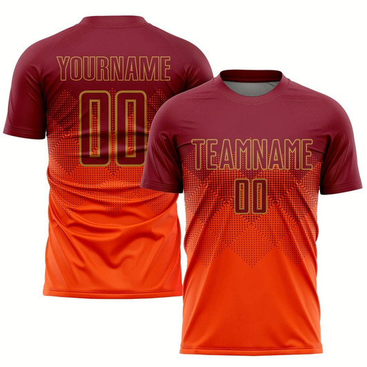 Goofygearprints Orange Crimson Old Gold Sublimation Soccer Uniform Jersey, Custom Team Soccer Jersey Shirt