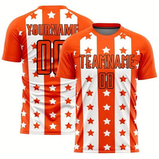 Goofygearprints Orange Black White Stars And Stripes Sublimation Soccer Uniform Jersey, Custom Team Soccer Jersey Shirt