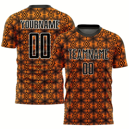 Goofygearprints Orange Black White Geometric Shapes Sublimation Soccer Uniform Jersey, Custom Team Soccer Jersey Shirt