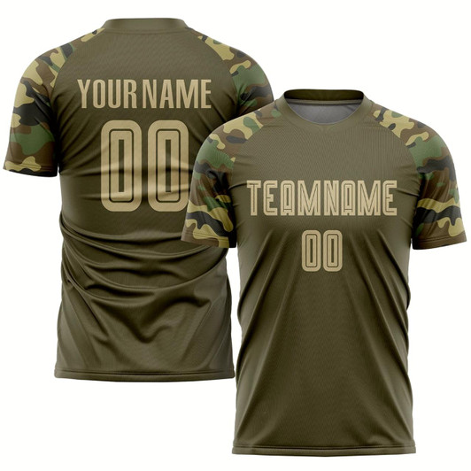Goofygearprints Olive Vegas Gold Camo Sublimation Salute To Service Soccer Uniform Jersey, Custom Team Soccer Jersey Shirt