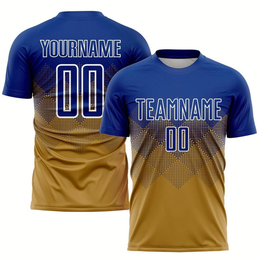 Goofygearprints Old Gold Royal White Sublimation Soccer Uniform Jersey, Custom Team Soccer Jersey Shirt