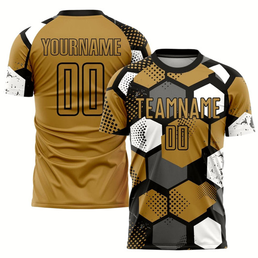 Goofygearprints Old Gold Black White Sublimation Soccer Uniform Jersey, Custom Team Soccer Jersey Shirt