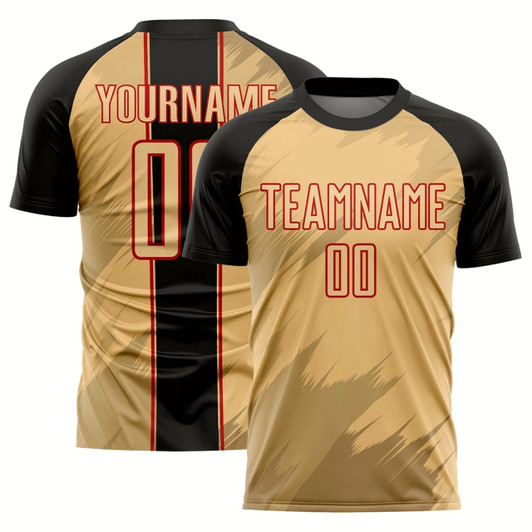 Goofygearprints Old Gold Black Red Sharp Shapes Sublimation Soccer Uniform Jersey, Custom Team Soccer Jersey Shirt