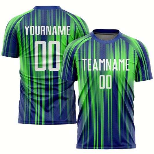Goofygearprints Neon Green White Royal Sublimation Soccer Uniform Jersey, Custom Team Soccer Jersey Shirt