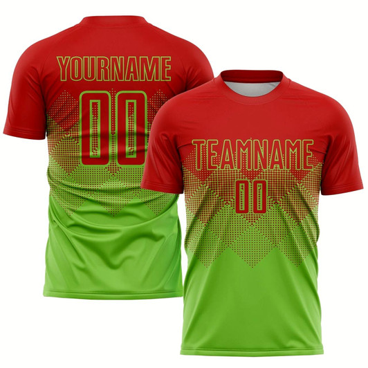 Goofygearprints Neon Green Red Sublimation Soccer Uniform Jersey, Custom Team Soccer Jersey Shirt