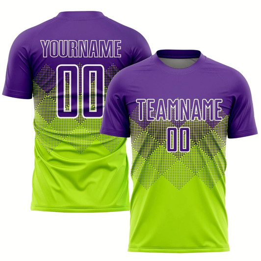 Goofygearprints Neon Green Purple White Sublimation Soccer Uniform Jersey, Custom Team Soccer Jersey Shirt