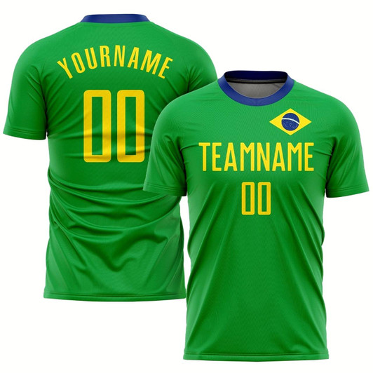 Goofygearprints Neon Green Gold Royal Sublimation Brazilian Flag Soccer Uniform Jersey, Custom Team Soccer Jersey Shirt