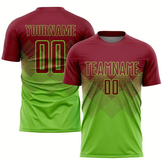 Goofygearprints Neon Green Crimson Sublimation Soccer Uniform Jersey, Custom Team Soccer Jersey Shirt