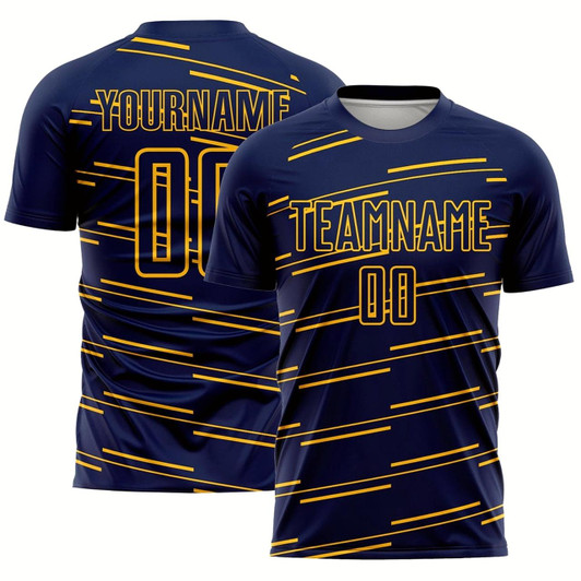 Goofygearprints Navy Yellow Lines Sublimation Soccer Uniform Jersey, Custom Team Soccer Jersey Shirt