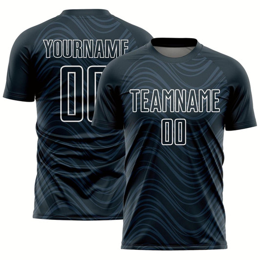 Goofygearprints Navy White Wavy Lines Sublimation Soccer Uniform Jersey, Custom Team Soccer Jersey Shirt