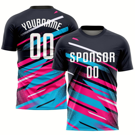 Goofygearprints Navy White Pink Light Blue Sublimation Soccer Uniform Jersey, Custom Team Soccer Jersey Shirt