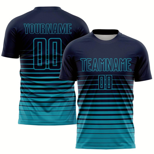 Goofygearprints Navy Teal Pinstripe Fade Fashion Sublimation Soccer Uniform Jersey, Custom Team Soccer Jersey Shirt