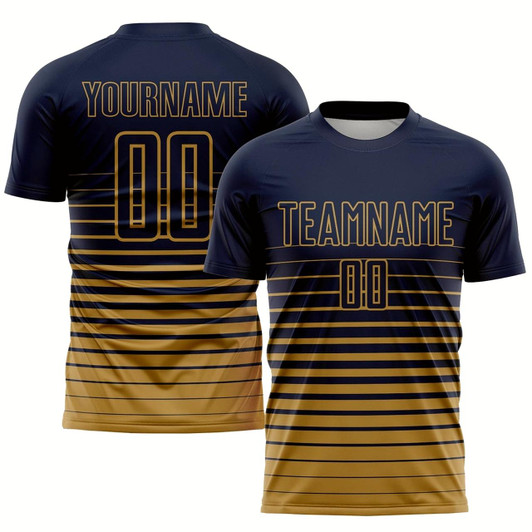 Goofygearprints Navy Old Gold Pinstripe Fade Fashion Sublimation Soccer Uniform Jersey, Custom Team Soccer Jersey Shirt