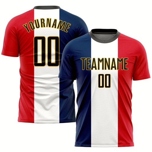 Goofygearprints Navy Black White Red Gold Sublimation French Flag Soccer Uniform Jersey, Custom Team Soccer Jersey Shirt