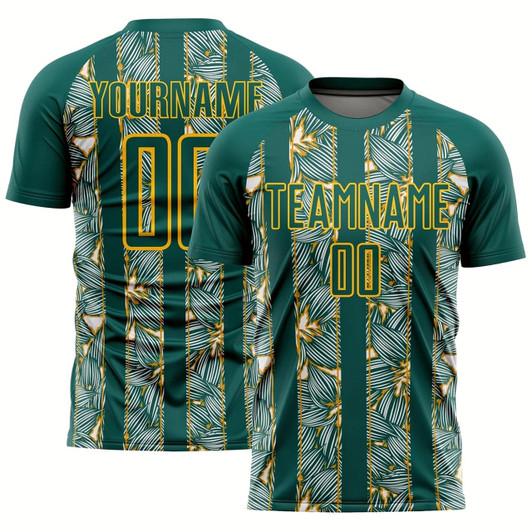 Goofygearprints Midnight Green Gold Flowers Sublimation Soccer Uniform Jersey, Custom Team Soccer Jersey Shirt