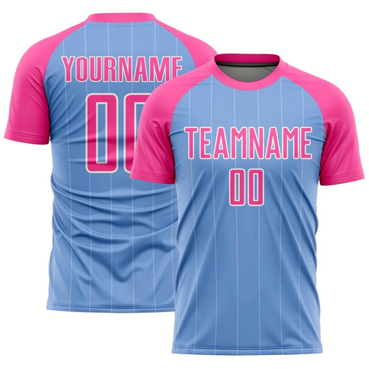 Goofygearprints Light Blue Pink White Pinstripe Sublimation Soccer Uniform Jersey, Custom Team Soccer Jersey Shirt