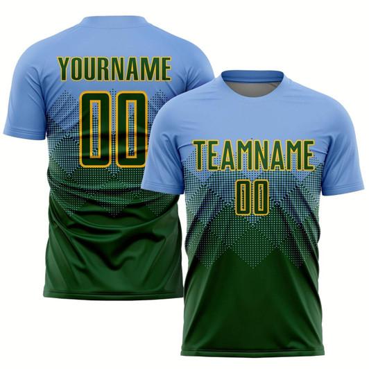 Goofygearprints Light Blue Green Gold Sublimation Soccer Uniform Jersey, Custom Team Soccer Jersey Shirt