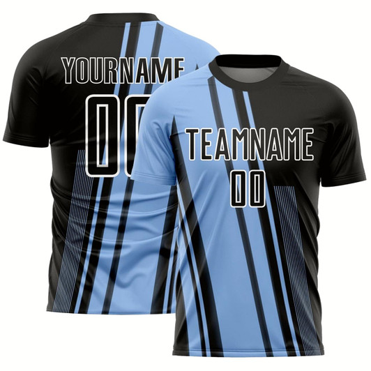 Goofygearprints Light Blue Black White Lines Sublimation Soccer Uniform Jersey, Custom Team Soccer Jersey Shirt