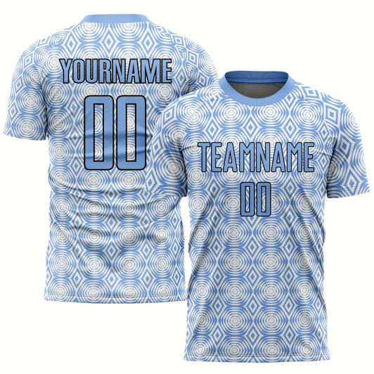 Goofygearprints Light Blue Black White Geometric Shapes Sublimation Soccer Uniform Jersey, Custom Team Soccer Jersey Shirt